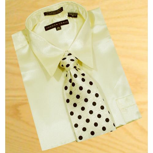 Daniel Ellissa Satin Cream Dress Shirt With Polka Dots /Tie/Hanky Set